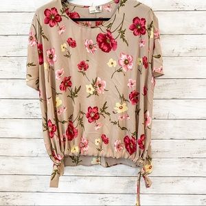 Everleigh Tan Floral Side Tie Tunic Blouse